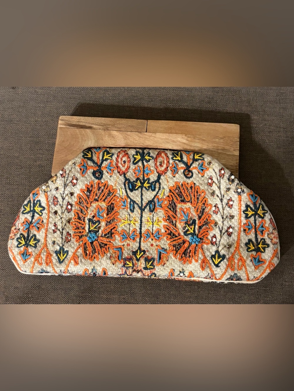 Embroidered Cream & Orange Floral Zip Clutch